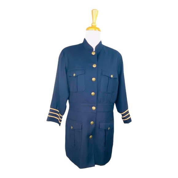 Cambridge Dry Goods Co Womens Blazer Wool Blend Military Look Jacket 8 Navy Gold - Picture 1 of 11